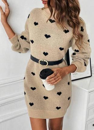 Женское теплое платье-туника из пряжи мопак в сердечки размер универсальный 42-46