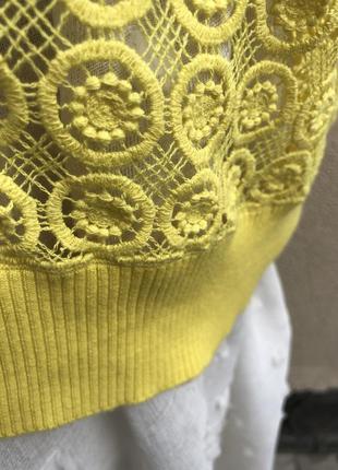 Желтая,трикотаж кофта,кардиган,джемпер,кружево,хлопок,mayerline,швейцария. 3