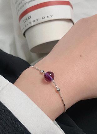 Браслет серебряный аметистовый шар, натуральный фиолетовый камень, серебро 925 пробы, длина 15.5+3 см