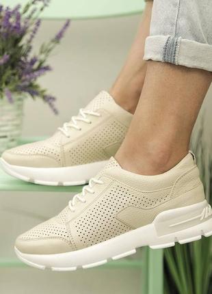 Кросівки жіночі шкіряні з перфорацією на шнурівці літні zumer світло-бежеві 361 фото