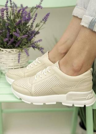 Кросівки жіночі шкіряні з перфорацією на шнурівці літні zumer світло-бежеві 366 фото