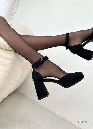 Черные замшевые туфли на высоком толстом каблуке с платформой ремешком2 фото