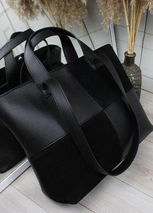 Женская сумка шопер большая с замшевыми вставками черная4 фото