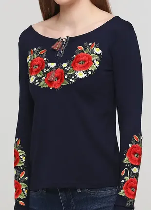 Жіноча трикотажна вишиванка вишита футболка з довгим рукавом «маковий цвіт» синя4 фото