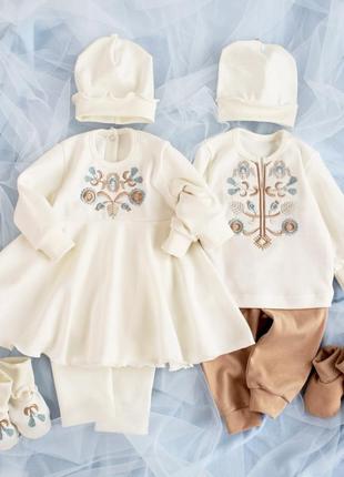 Красивий вишитий бавовняний комплект костюмчик для хлопчика на виписку для хрещення хрестин молочний3 фото