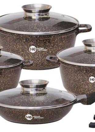 Набор кастрюль и сковорода higher kitchen hk-310 коричневый набор посуды с гранитным антипригарным покрытием3 фото