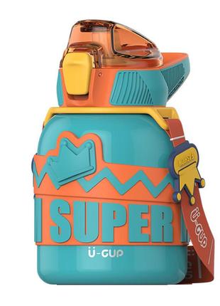 Детский термос 560 мл из нержавеющей стали с ремешком бирюзовый