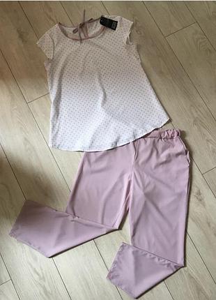 Костюм брючный летний пижамный стиль софт горошек пудровый