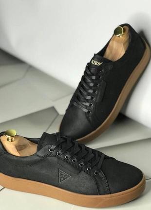 Кеди guess з натуральної матової шкіри, мужские кожаные кеды в чёрном цвете на...