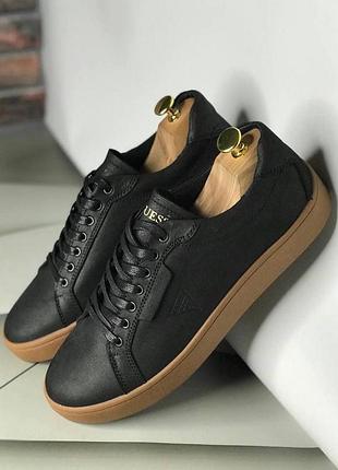 Кеди guess з натуральної матової шкіри, мужские кожаные кеды в чёрном цвете на...
