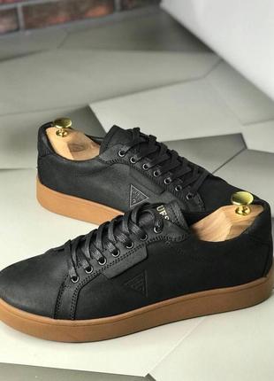 Кеди guess з натуральної матової шкіри, мужские кожаные кеды в чёрном цвете на...
