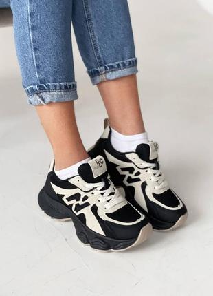 Черно-бежевые весенние кроссовки из эко-кожи и эко-замши