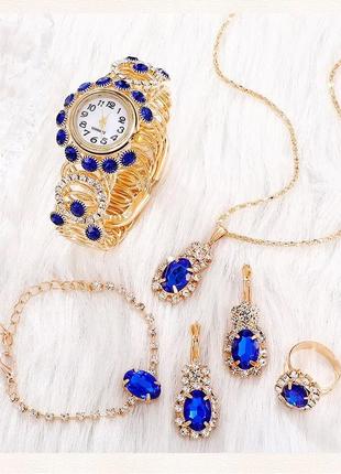 Розкішний комплект з 5 шт., жіночий годинник, намисто, браслет, сережки, колечко.4 фото