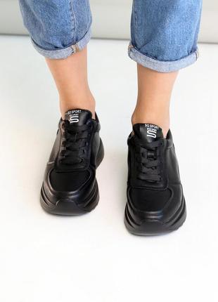 Стильные удобные черные женские кроссовки весна-осень, кожаные/натуральная кожа-женская обувь демисезон2 фото