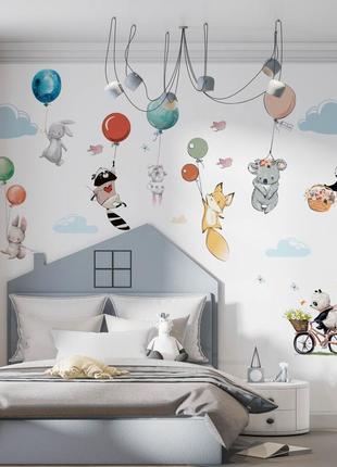 Вінілова інтер'єрна наклейка кольорова декор на стіну, шпалери  "тварини на повітряних кулях"