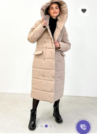 Длинная зимняя куртка dressa с капюшоном бежевая3 фото