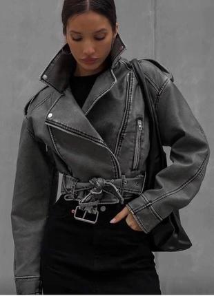 Куртка-косуха скорочена "vintage” сіра куртка косуха укороченная винтаж шкіряна3 фото