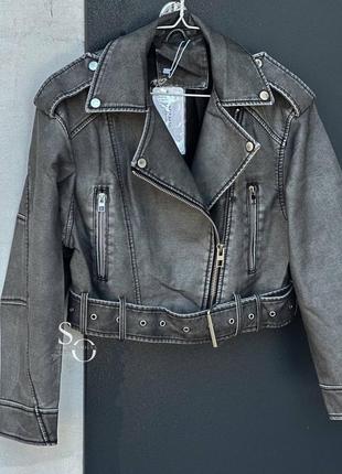 Куртка-косуха скорочена "vintage” сіра куртка косуха укороченная винтаж шкіряна5 фото
