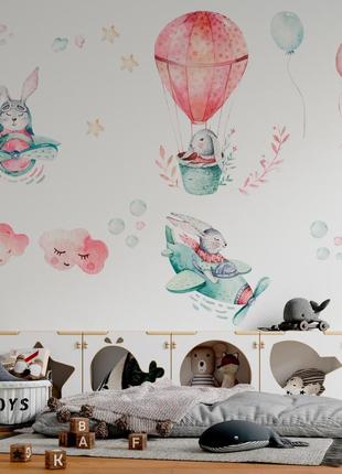 Вінілова інтер'єрна наклейка кольорова декор на стіну, шпалери "зайці на повітряних кулях"