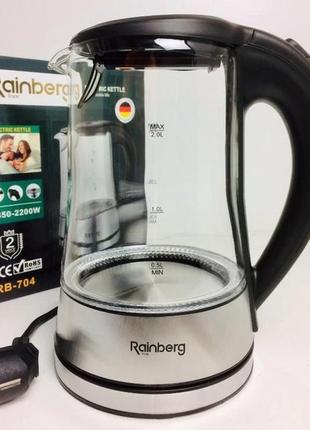 Стеклянный электрический чайник на 2 литра rainberg rb704 с led подсветкой 2200w black1 фото