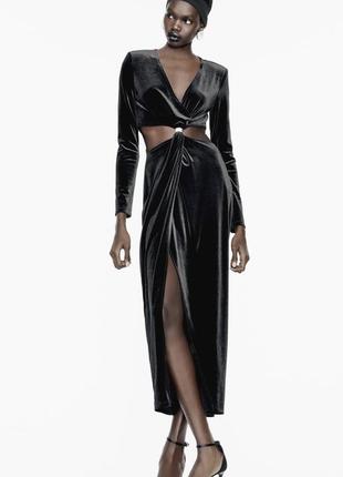 Zara оксамитова сукня міді з вирізом8 фото