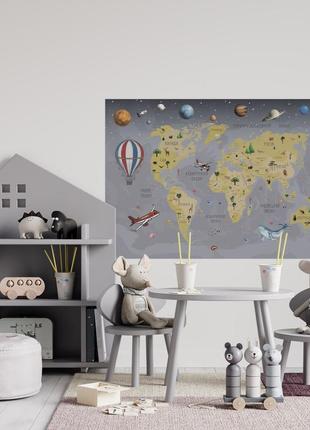Вінілова інтер'єрна наклейка кольорова декор на стіну "карта світу українською мовою із планетами"4 фото