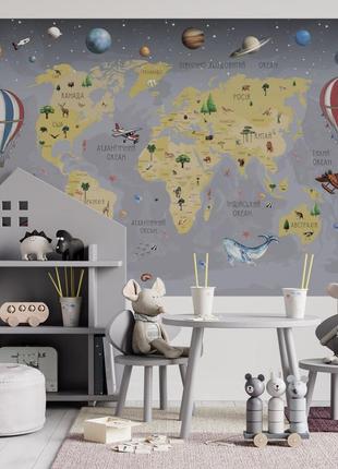Вінілова інтер'єрна наклейка кольорова декор на стіну "карта світу українською мовою із планетами"3 фото