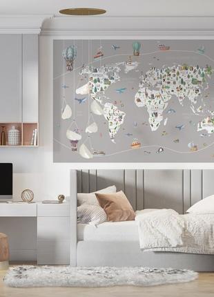 Вінілова інтер'єрна наклейка кольорова декор "карта світу українською мовою з повітряними кулями
