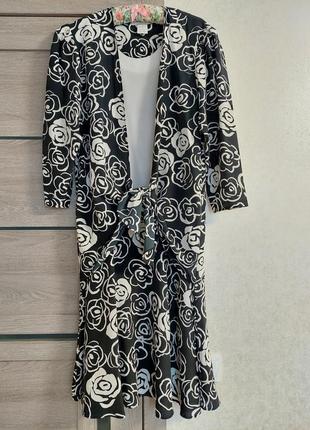 Винтажное платье-миди 80-х годов🔹цветочный черно-белый принт berkertex(размер 14-16)
