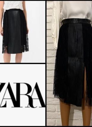 Zara, чёрная плиссированная юбка миди zara, гипюр, эко кожа, плиссе1 фото