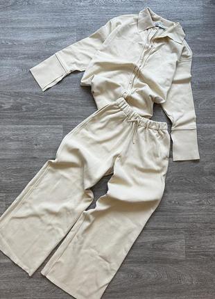 Стильный молочный комплект костюм-рубашка штанины палаццо zara 36/387 фото