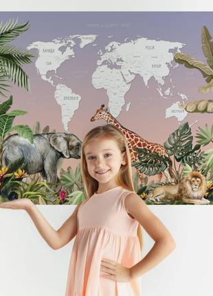 Вінілова інтер'єрна наклейка кольорова декор на стіну "карта світу українською мовою у тропіках"5 фото