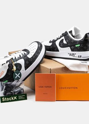 Чоловічі кросівки louis vuitton x complete air force 1 low / луї віттон найк аїр форс 1 низькі чорні з білим