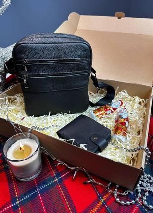 Подарунковий набір чоловічий з натуральної шкіри сумка та гаманець  luxury box london  + bifold4 фото