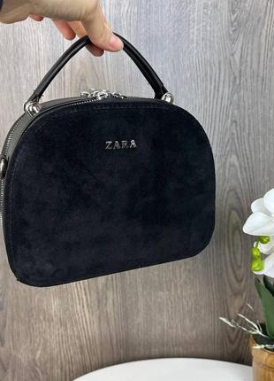 Женская сумка клатч на плечо стиль zara черная натуральная замша8 фото