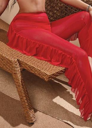 Штани жіночі червоні сітка ефектні штани сітка стрейчеві червоні штани боковими воланами пляжні з воланами - m,l2 фото