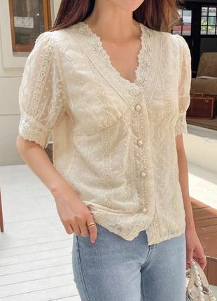 Блуза shein в винтажном романтичном стиле кремовая бежевая кружево6 фото