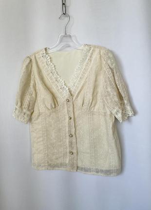Блуза shein в винтажном романтичном стиле кремовая бежевая кружево7 фото