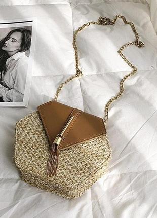 Женская мини сумочка клатч плетеная соломенная маленькая сумка шестигранная5 фото