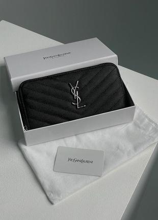 Жіночий шкіряний гаманець saint laurent plain leather long wallet black/silver