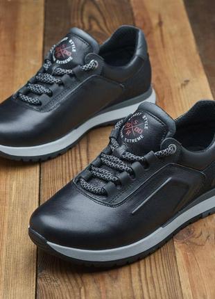 Стильные удобные черные мужские кроссовки весенне-осенние, кожаные/натуральная шкара-мужская обувь деми2 фото