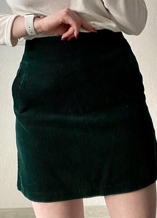 Юбка в рубчик / изумрудная юбка в рубчик / вельветовая юбка темно-зеленого цвета4 фото