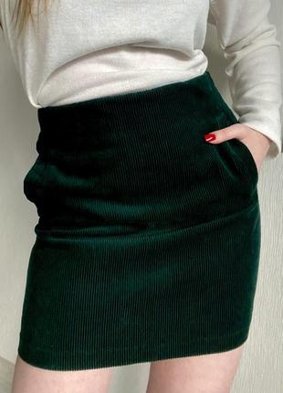 Юбка в рубчик / изумрудная юбка в рубчик / вельветовая юбка темно-зеленого цвета2 фото