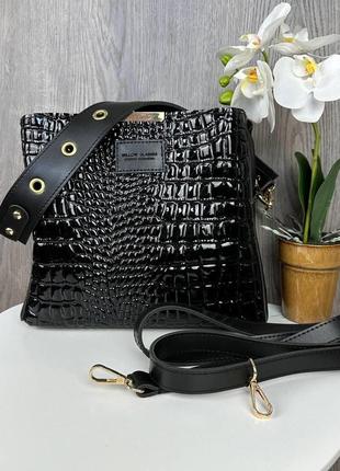 Женская сумка черная через плечо под рептилию, небольшая женская сумочка змеиная3 фото