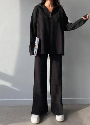 Черный вязаный костюм туреченица весна/осень прямые брюки+оверсайз свитер xs s m l ⚜️ премиальный костюм туречки6 фото