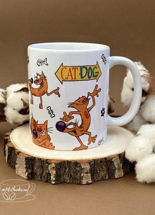 Чашка с принтом, котпес, чашка с мультиком кот пес, сувенир, подарок