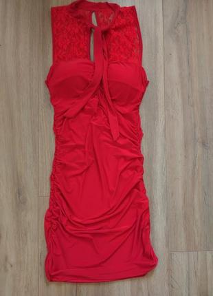Новое красное платье комбинация стрейчевое в утяжеление под горло с кружевом платье