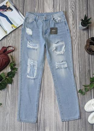 Голубые джинсы мом с рваным эффектом shein #30081 фото