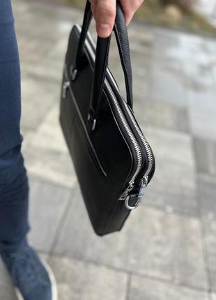Кожаная сумка для ноутбука и документов черная collide из гладкой кожи деловая кожаная сумка + ручки3 фото