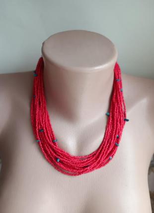 Бусы из бисера и бирюзы, красное ожерелье2 фото
